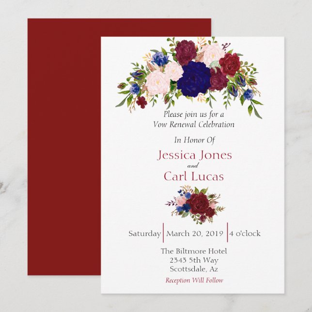Burgundy Marin Blommig Akvarell Förnyelse av Vigse Inbjudningar (Fram/baksida)