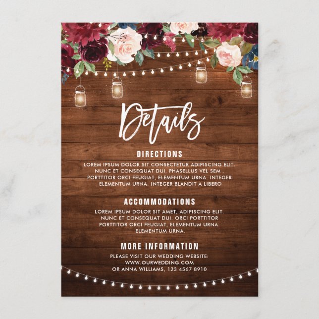 Burgundy Marin Blommig Sladdljus Murarvaska Tilläggskort (Framsida)