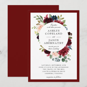 Burgundy, marin och Blommigt Bröllop Inbjudningar