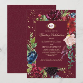 Burgundy | Marinblå Blommig Watercolor Bröllop Inbjudningar