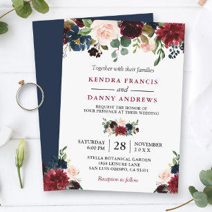 Burgundy  marinblå Blommigt Botaniska Bröllop Inbjudningar
