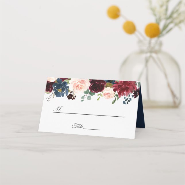 Burgundy  marinblå Blommigten Bröllop Bord Placeringskort (Framsida)