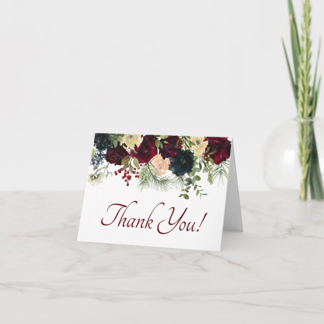 Burgundy, Marinblå Blommor - Tacksamhetskort Tack Kort (Framsida)