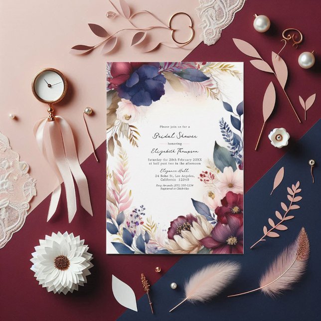 Burgundy, marinens,  Boho-Blommigtens Möhippa Inbjudningar (Burgundy, Navy, Blush Boho Floral Bridal Shower Invitation)