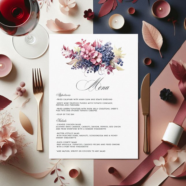 Burgundy, marinens och  Vin Tasting Blommigt Bröll Meny (Burgundy, Navy and Blush Wine Tasting Floral Wedding Menu)