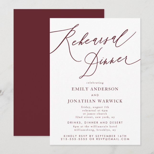 Burgundy Maroon Calligraphy Bröllop Rehearsal Inbjudningar (Fram/baksida)