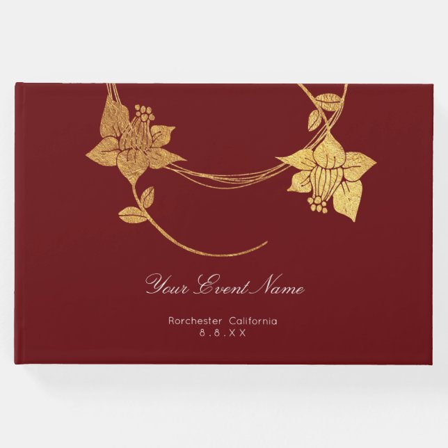 Burgundy Maroon Champaign Guld Blommigt Bröllop Re Gästböcker (Framsida)