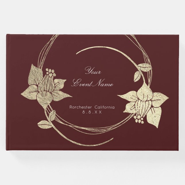 Burgundy Maroon Champaign Guld Blommigt Wandex Lux Gästböcker (Framsida)