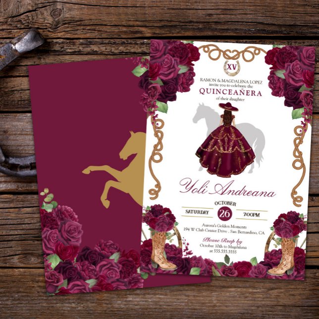 Burgundy Maroon Charro Vestidos Quinceañera Inbjudningar (Skapare uppladdad)