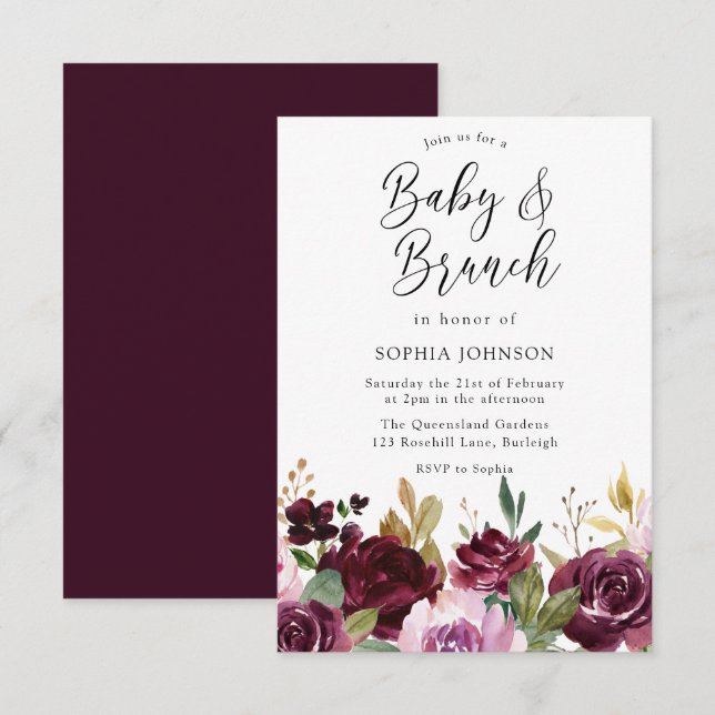 Burgundy Maroon Flowers Baby & Brunch Baby Shower Inbjudningar (Fram/baksida)