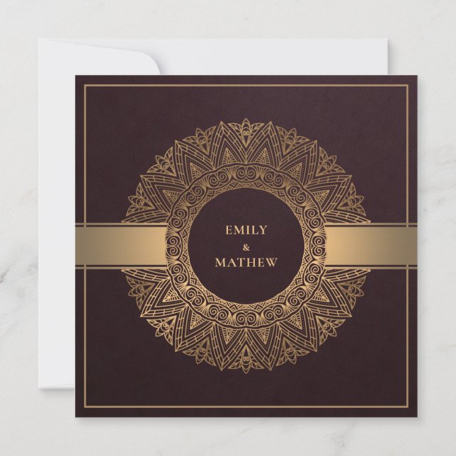 BURGUNDY MAROON GULD CLASSY ORNATE MANDALA BRÖLLOP INBJUDNINGAR (Baksida)