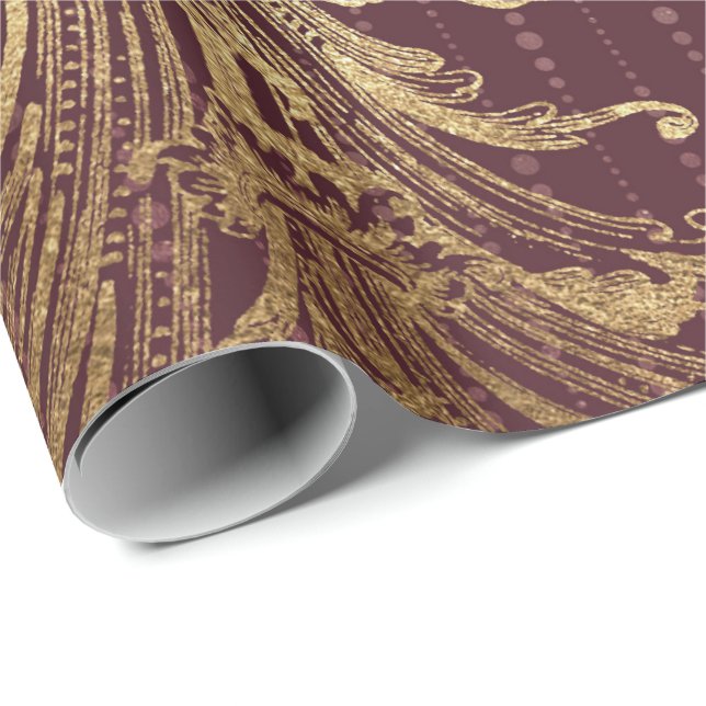 Burgundy Maroon Guld Damask Möhippa Royal Ornament Presentpapper (Rullad Hörn)