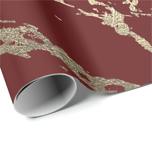 Burgundy Maroon Guld Marble Shiny Glam Presentpapper (Rullad Hörn)