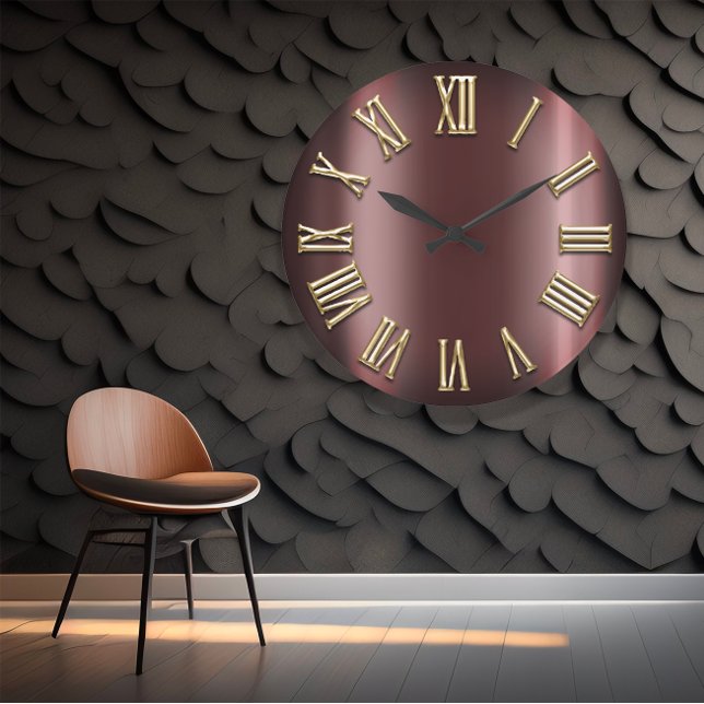Burgundy Maroon Guld Metallic Roman Number Stor Klocka (#BurgundyBeauty #MaroonMarvel #GoldGlamour #MetallicMajesty #RomanRefinement #TimelessTradition #Con)