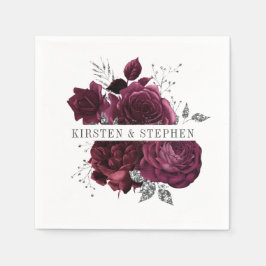Burgundy Maroon och Silver Blommigt Bröllop Cockta Pappersservett