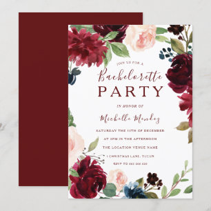 Burgundy Maroon Red Blommigt Bachelorette Party Inbjudningar