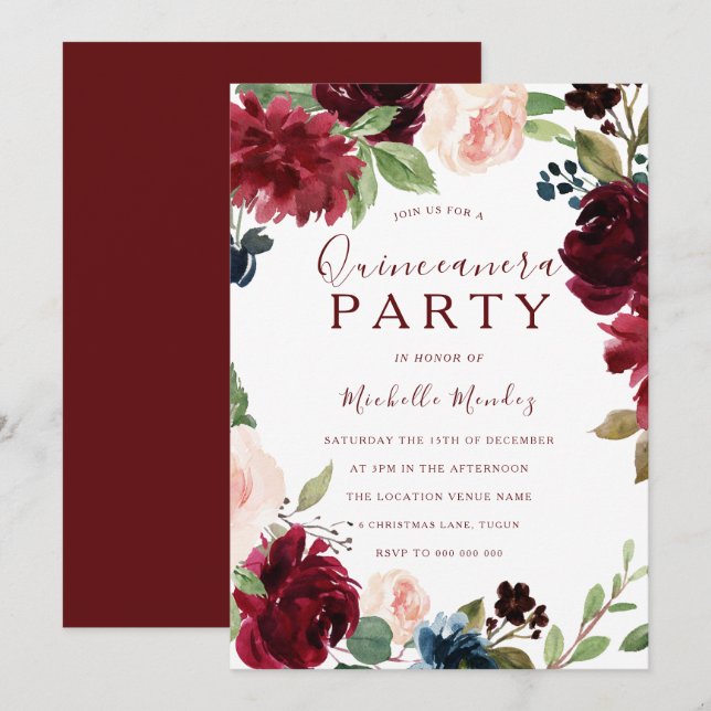 Burgundy Maroon Red Blommigt Quinceanera Party Inbjudningar (Fram/baksida)