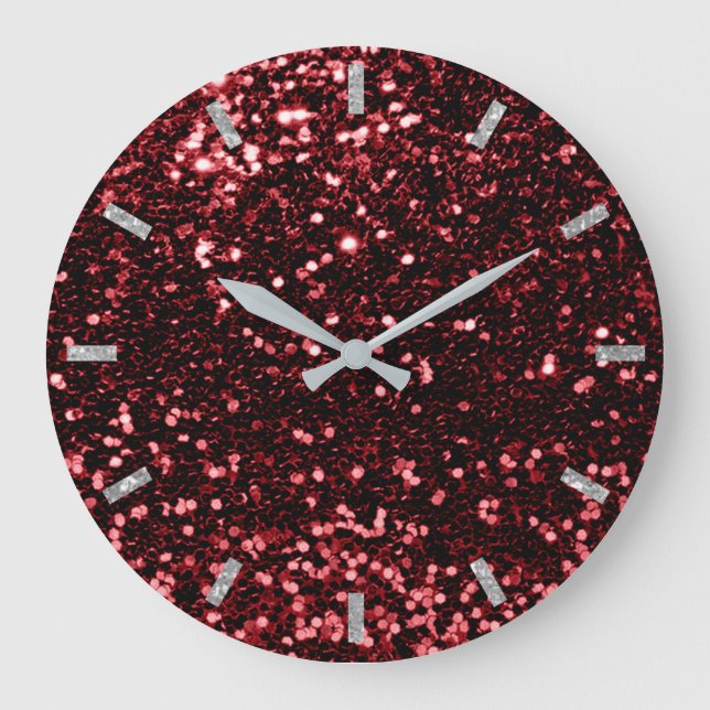 Burgundy Maroon Red Sparkly Faux Glitter Grått Gla Stor Klocka (Framsida)
