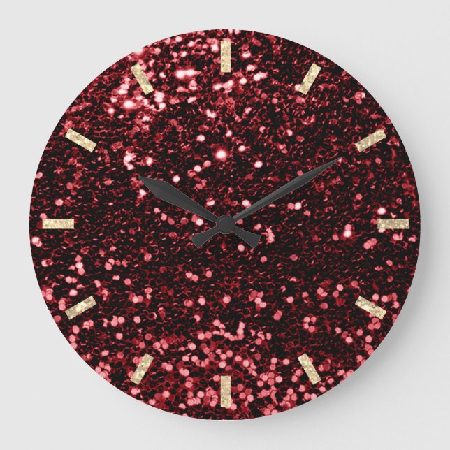 Burgundy Maroon Red Sparkly Glitter Silver Guld Stor Klocka (Framsida)