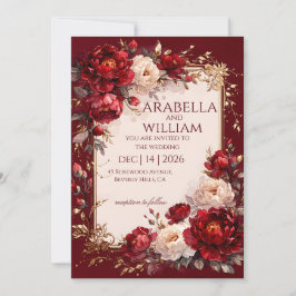 Burgundy maroon Roses gold frame Elegant wedding I Inbjudningar