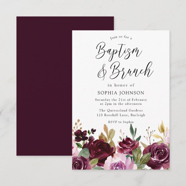 Burgundy Maroon Watercolor Blommigt Baptism & Brun Inbjudningar (Fram/baksida)