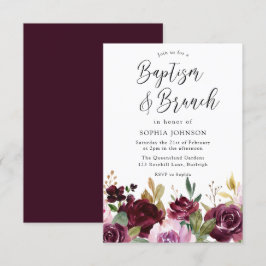 Burgundy Maroon Watercolor Blommigt Baptism & Brun Inbjudningar
