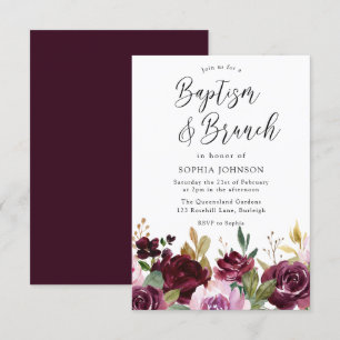 Burgundy Maroon Watercolor Blommigt Baptism & Brun Inbjudningar
