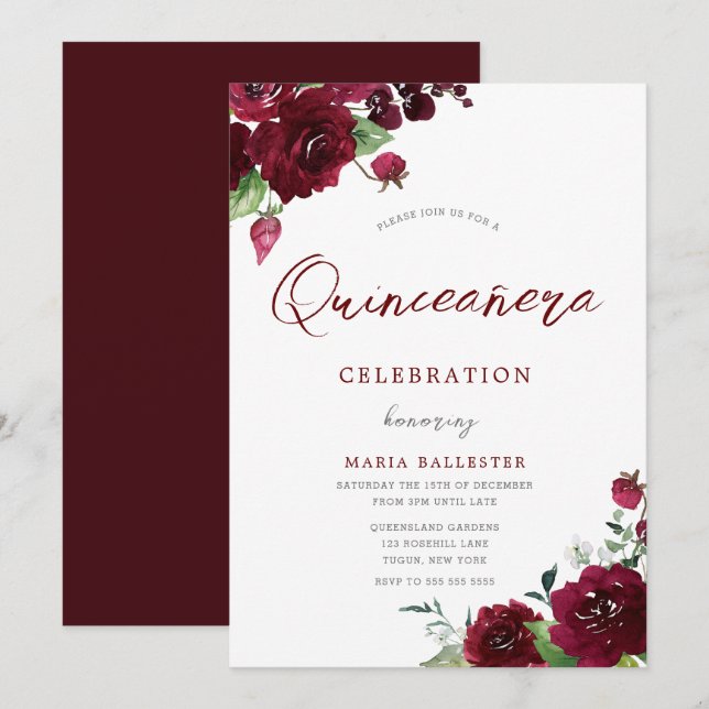 Burgundy Maroon Watercolor Flowers Quinceanera Inbjudningar (Fram/baksida)