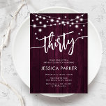 Burgundy Maroon Wood Rustic 30års födelsedag Party Inbjudningar<br><div class="desc">Inbjudan till 30års födelsedag-partiet. Rustik design med burgungiskt maronträ mönster. Kort i Classy inbjudan med fairy string ljus och script font. Perfekt för en snyggt 30 dagar firande. Anpassa med dina egna detaljer. Kan anpassas för vilken ålder som helst! Skrivna Zazzle-inbjudningar eller digital utskrivbar mall för omedelbar nedladdning.</div>