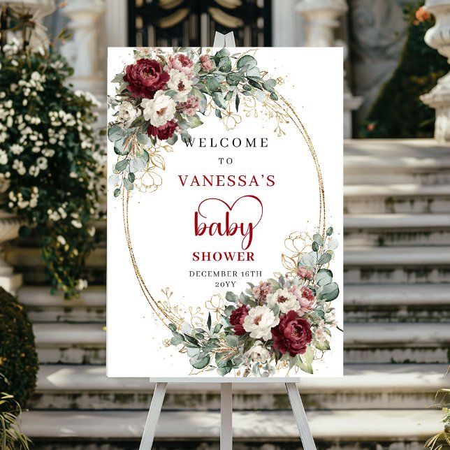 Burgundy Marsala Blommig Baby Shower Välkomstskylt Poster (Burgundy Marsala Floral Baby Shower Welcome)
