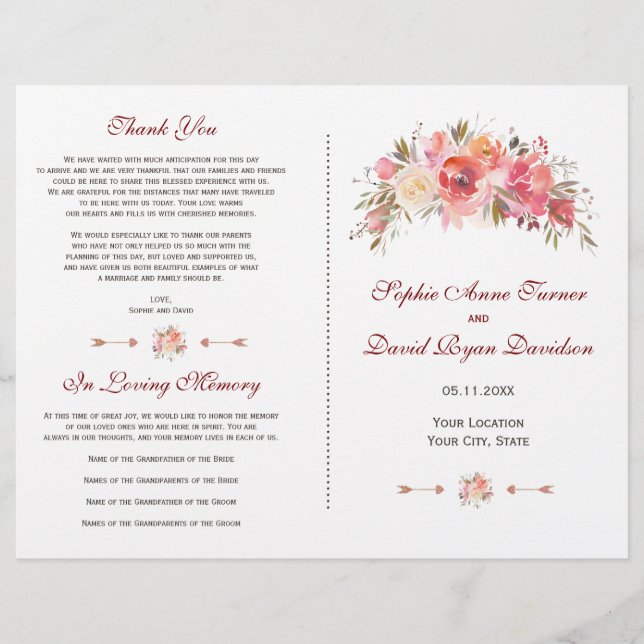 Burgundy Marsala Blommiga Hjorthorn Bröllopsprogra (Framsida)