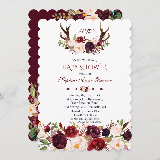 Burgundy  Marsala Blommigt Antlers Baby Shower Inbjudningar (Fram/baksida)