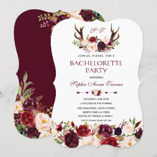 Burgundy Marsala Blommigt Antlers Bachelorette Par Inbjudningar