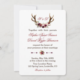 Burgundy Marsala Blommigt Antlers Bröllop Monogram Inbjudningar