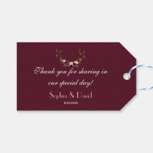 Burgundy Marsala Blommigt Antlers Bröllop Presentetikett