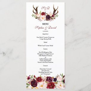 Burgundy Marsala Blommigt Antlers Monogram Menu Meny
