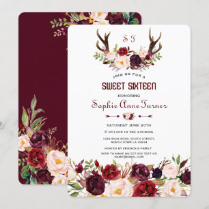 Burgundy Marsala Blommigt Antlers Monogram Sweet 1 Inbjudningar