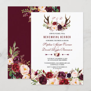 Burgundy Marsala Blommigt Antlers Rehearsal Dinner Inbjudningar