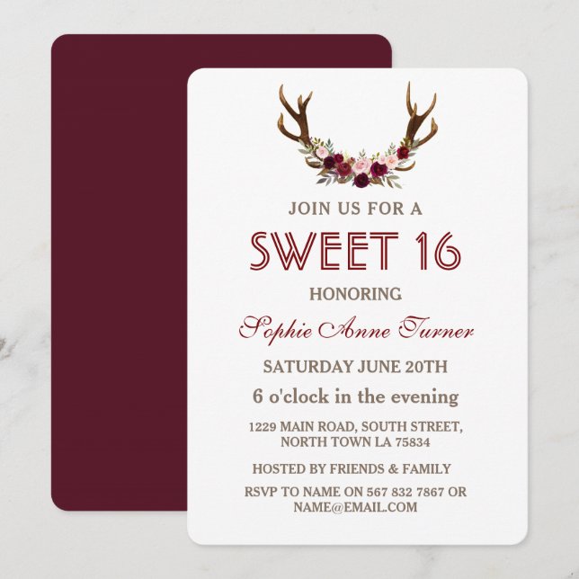 Burgundy Marsala Blommigt Antlers Sweet 16 Inbjuda Inbjudningar (Fram/baksida)