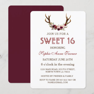 Burgundy Marsala Blommigt Antlers Sweet 16 Inbjuda Inbjudningar