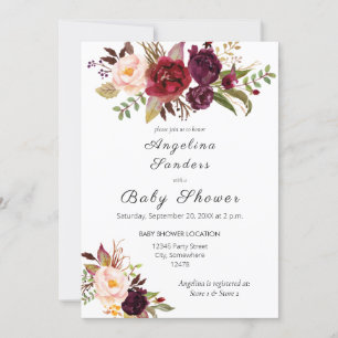 Burgundy Marsala Blommigt Baby Shower Inbjudningar