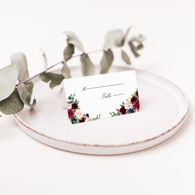 Burgundy Marsala Blommigt Bröllop-platskort Placeringskort (Burgundy Marsala Navy Blush Floral Wedding Place Card)