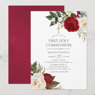 Burgundy - Marsala Blommigt First Heliga Communion Inbjudningar