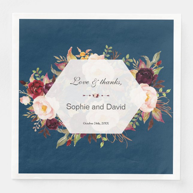 Burgundy Marsala Blommigt Geometric Navy Bröllop Pappersservett (Framsida)