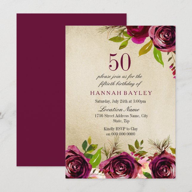 Burgundy Marsala Blommigt Guld 50:e födelsedagen I Inbjudningar (Fram/baksida)
