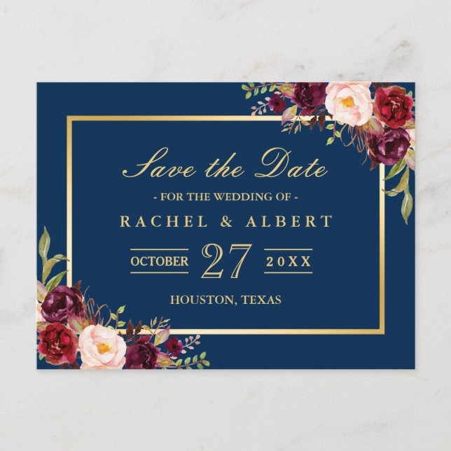 Burgundy Marsala Blommigt Guld Bröllop spara datum Vykort (Framsida)