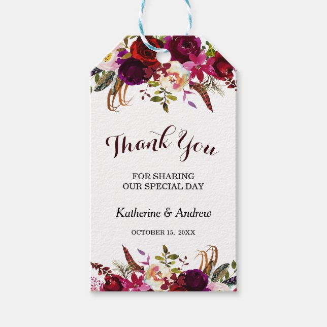 Burgundy Marsala Blommigt Hösten Bröllop Tack Presentetikett (Framsidan)
