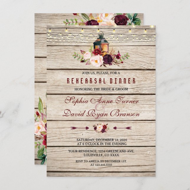 Burgundy Marsala Blommigt Lantern Rehearsal Middag Inbjudningar (Fram/baksida)