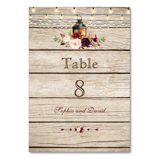 Burgundy Marsala Blommigt Lantern Wood Bordsnummer (Framsidan)