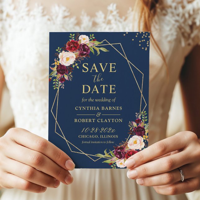Burgundy Marsala Blommigt Navy Blue Guld Geometric Spara Datumet (Skapare uppladdad)